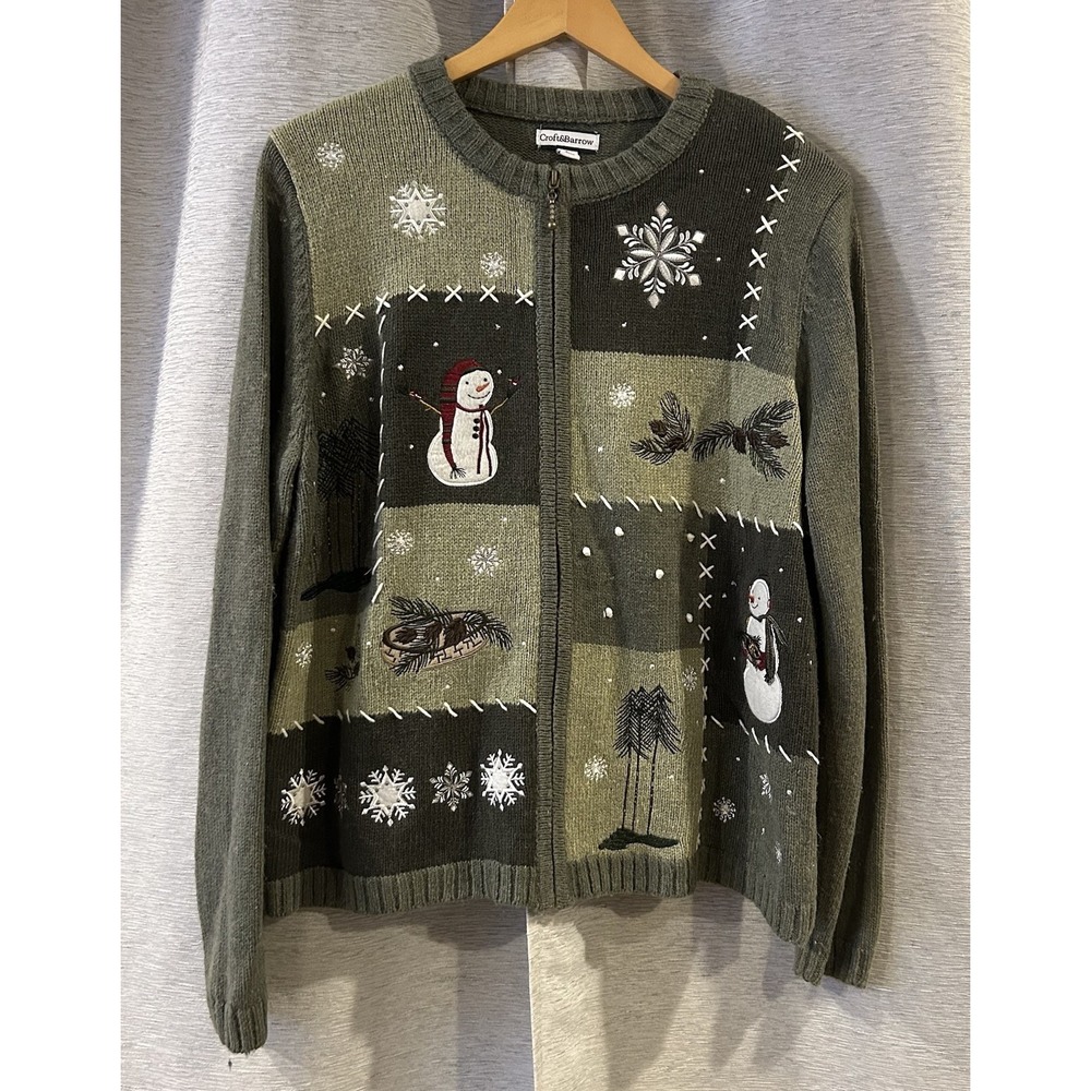 Croft & Barrow Women's Full Zip Cardigan Sweater Size L Green Snowman Christmas